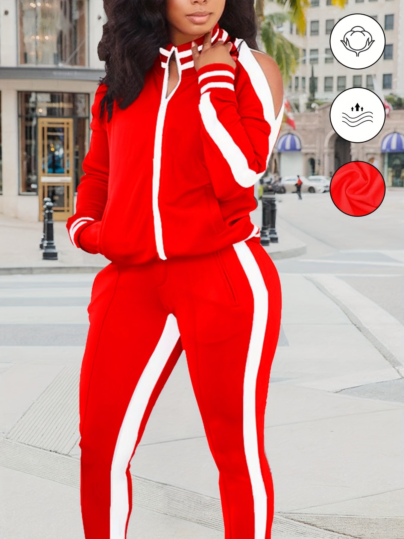 Women's 2pcs Athletic Tracksuit Set, Striped Contrast Shoulder Slit Top & Zipper Hem Sporty Pants, Activewear Lounge Set