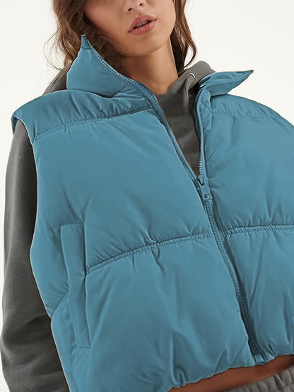 Womens Cropped Vest Zip Up Stand Collar Sleeveless Padded Cropped Vest