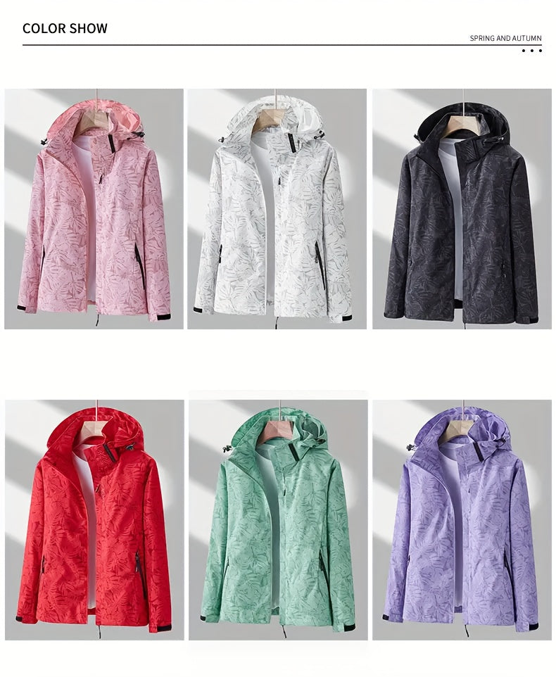 Women's Lightweight Windproof Hooded Jacket - Casual Zip-Up Outdoor Raincoat with Tropical Leaf Print, Removable Hood & Adjustable Cuffs for Spring Summer Fall,, Travel, Camping, Camping Gear, Apparel, Durable Zipper Closure