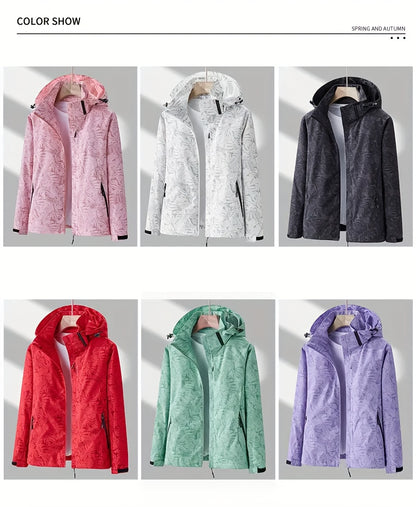Women's Lightweight Windproof Hooded Jacket - Casual Zip-Up Outdoor Raincoat with Tropical Leaf Print, Removable Hood & Adjustable Cuffs for Spring Summer Fall,, Travel, Camping, Camping Gear, Apparel, Durable Zipper Closure