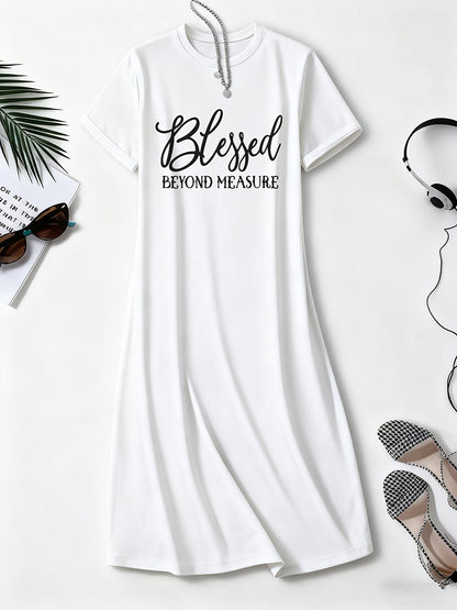 Overseas Heat-transfer Print, Simple Casual Style Blessed Printed Letter Dress| An Ideal Choice for Valentine's Day and Other Holidays, the 2024 New Summer Women's Loose, Comfortable, Versatile Short-sleeve T-shirt Dress Is Suitable for Commuting, Ho