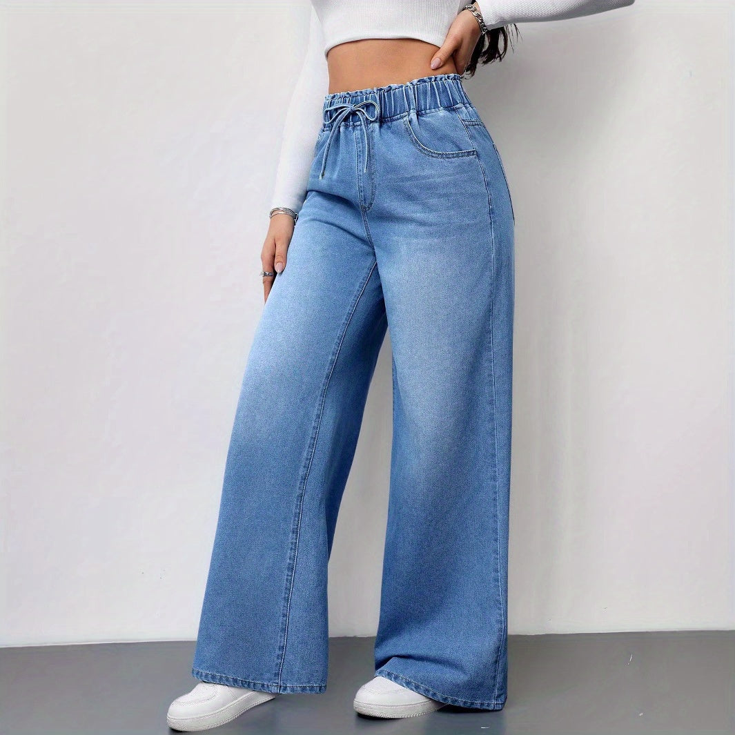High-Waisted Wide-Leg Jeans, Super Charming Elastic Waist Thin Pants, Solid Color Washed, 2025 Autumn and Winter New
