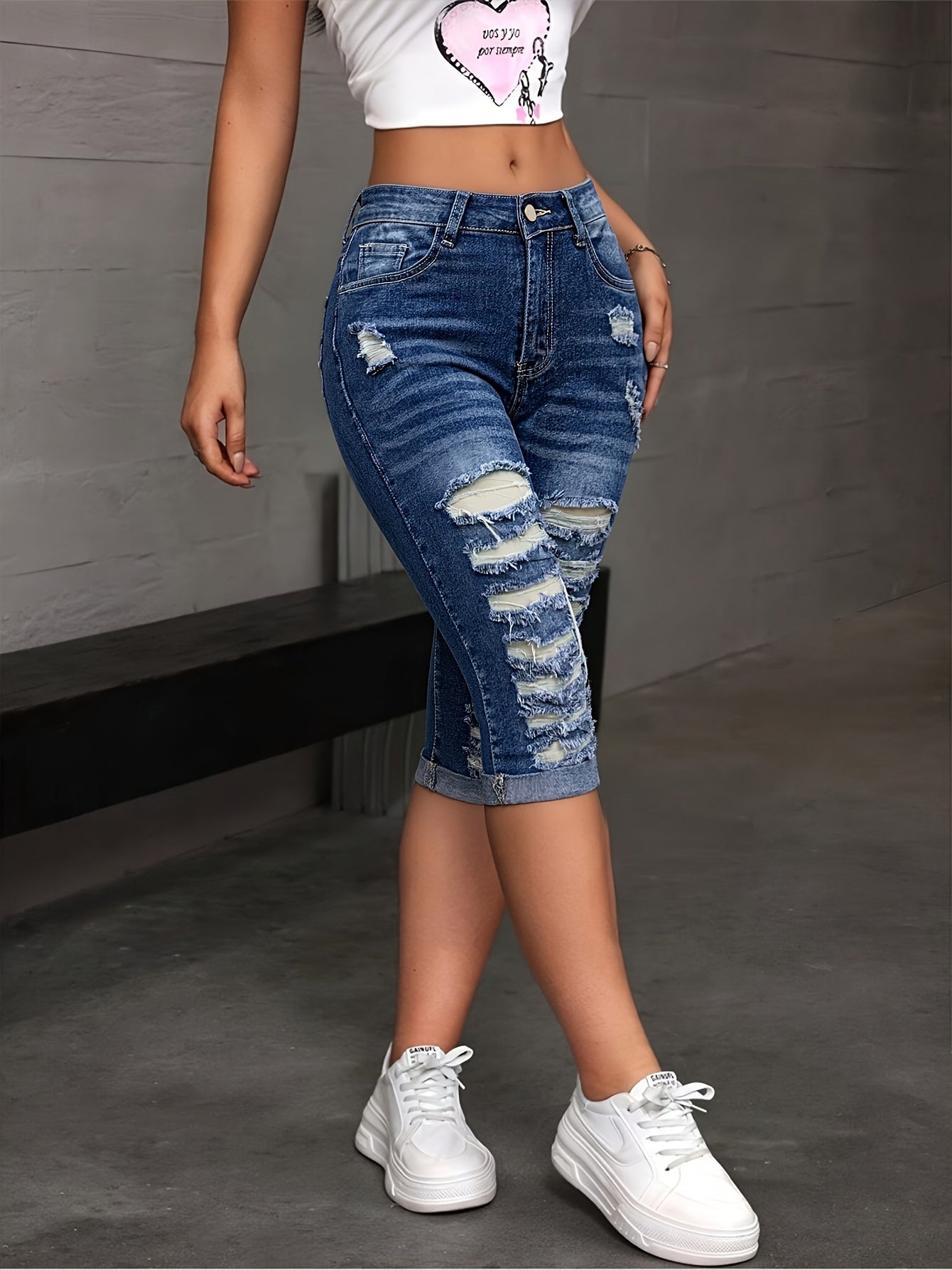 High Waist Ripped Capri Jeans for Women Stretch Versatile Biker Shorts