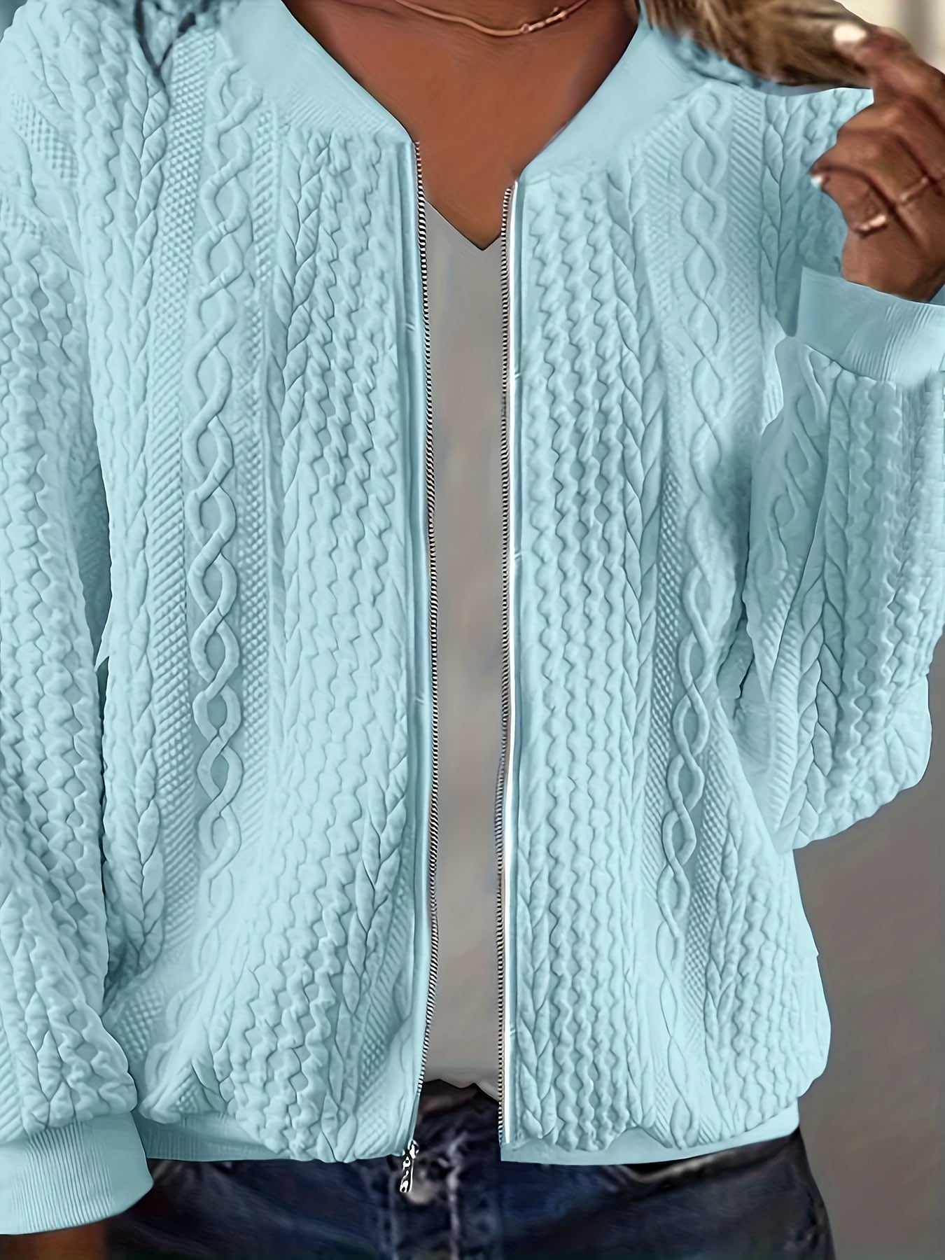 Plus Size, Plus Size Zip Up Textured Solid Jacket, Casual Long Sleeve Outerwear for Fall & Spring, Women's Plus Size Clothing