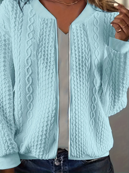 Plus Size, Plus Size Zip Up Textured Solid Jacket, Casual Long Sleeve Outerwear for Fall & Spring, Women's Plus Size Clothing