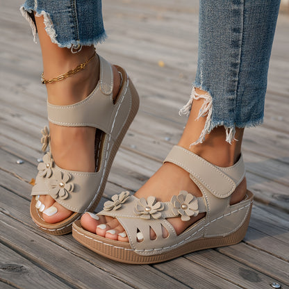 [Open-Toe Wedge Sandals] Women's Wedge Sandals Feature a Classic Combination of Open-Toe Design And Wedge Heel, Adorned with Three-Dimensional Floral Embellishments for a Summery, Women Shoes