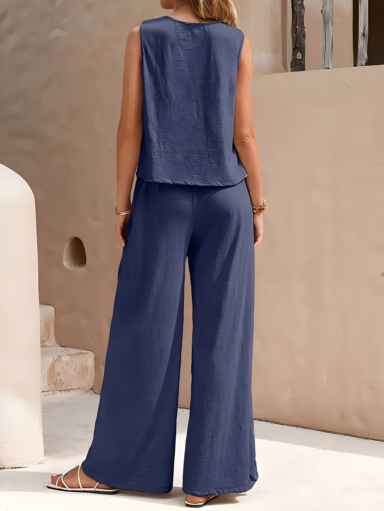 Women 2pcs Lounge Set, Crew Neck Sleeveless Tank Top Wide Leg Pants, Summer Casual Outfit for Daily, Travel Or Party