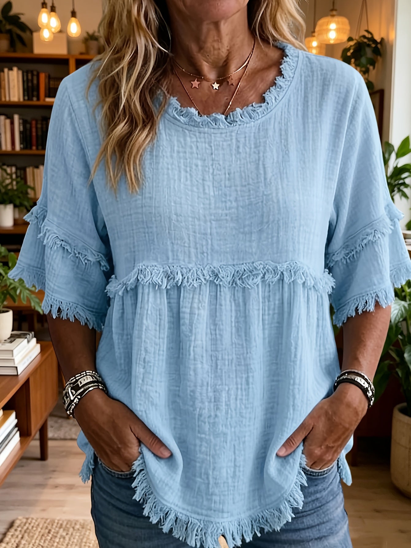 Women'S Round Neck Short Sleeve Casual Blouse with Fringed Trim