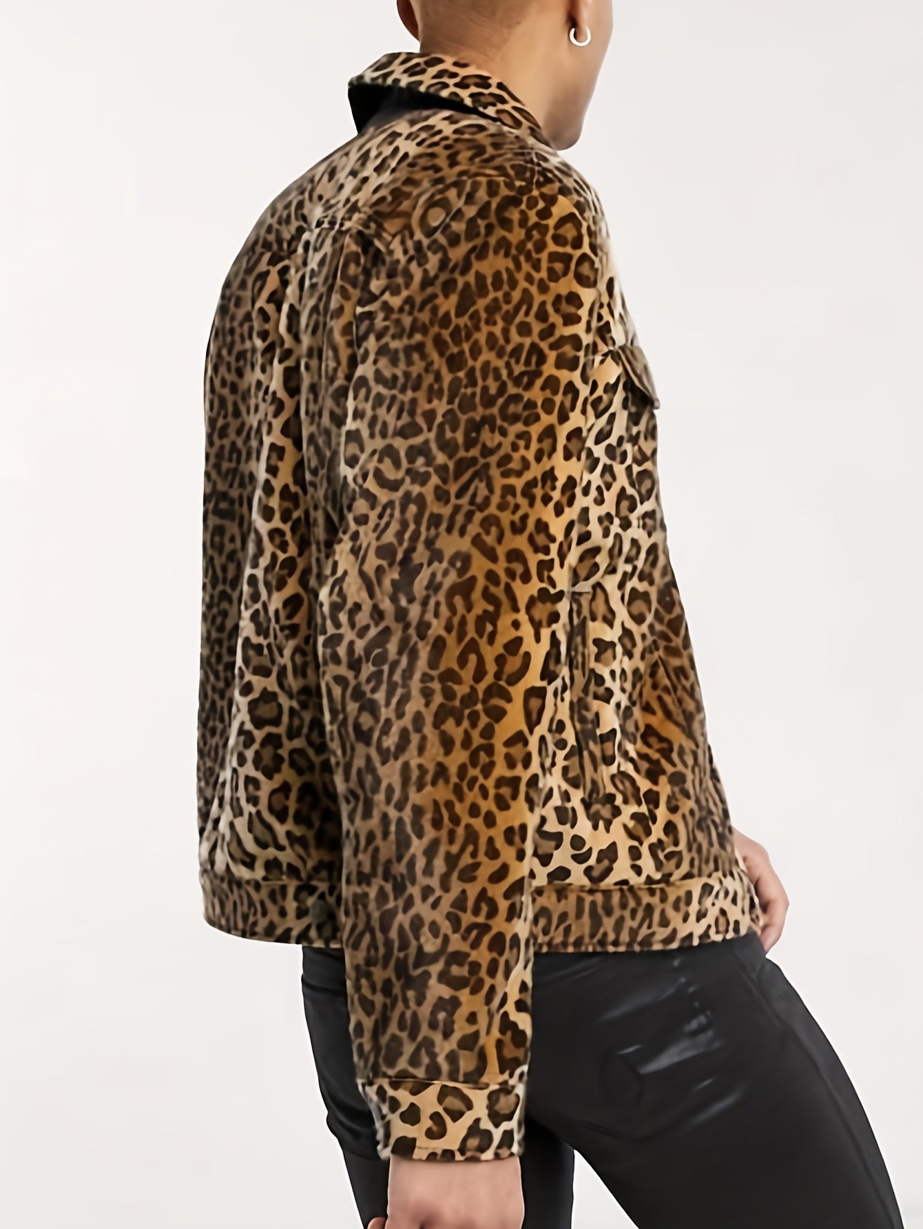 Men'S Slim-Fit Heavy-Duty Denim Jacket with Leopard Print Collar & - Oversized Workwear Coat, Golden-Tone Buttons, Belt Loops & Pocket Details - Casual to Formal Outerwear (Machine Washable) - Mature Men'S Fashion