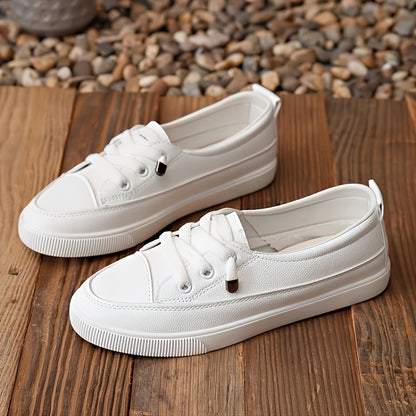 [Non-Slip White Sneakers] Women's Non-Slip White Fashion Sneakers - Wide Toe Lace-Up PU Skate Shoes, Lightweight and Wear-Resistant Outsole Wide-Fit Comfortable Casual Shoes, Shock-Absorbing Soles, Suitable for Daily Commute, Campus, Travel, Outdoor Activ