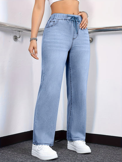 [Drawstring Waist Jeans] Plus Size Women's Drawstring Waist Straight Leg Jeans | High Waist Stretchy Washed Denim | Casual Trendy Comfy Jeans for Daily Wear | Flattering Fit