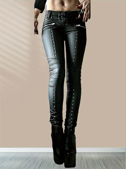Women'S Leggings Gothic Punk Skinny Pants Mid Rise Novelty Studded Tight Pants
