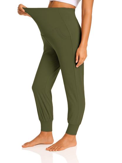 2pcs Women's Maternity High-Waisted Stretchy Pants - 95% Rayon 5% Spandex Tummy Control Elastic Waistband, 7/8 Length with Pockets for Running, Lounge & Postpartum - All-Season Comfort (Black & Grey), Maternity Pants, Pregnancy Clothing, Solid Color Pants