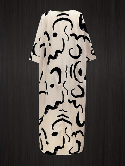 Printed Women'S Dress Set with V-Neck Loose Seven-Sleeve Long Shirt And Drawstring Pants