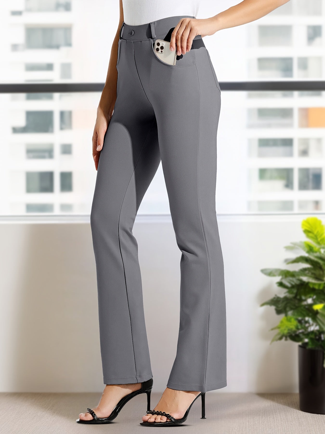 Plus Size, Plus Size Women's Dress Work Pants Slacks Stretch Comfy Breathable Soft Casual Office High Waisted Tummy Control Flare Pants with Belt Loops 4 Pockets Lounge Business
