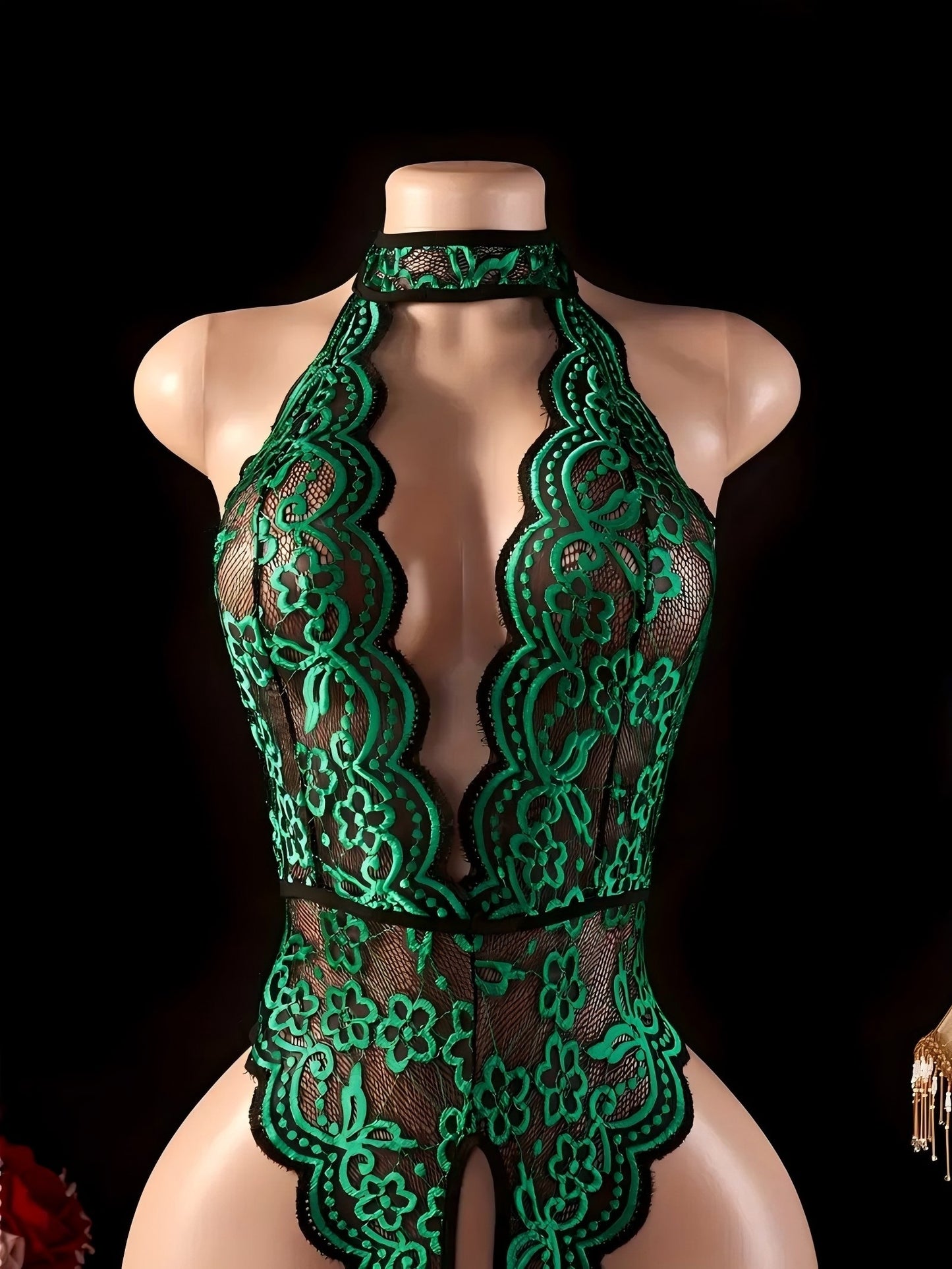 Halter Neck Lace Contrast Color Sexy Lingerie Women's Sexy Clothing Crotchless Deep V Open Back Design Tights