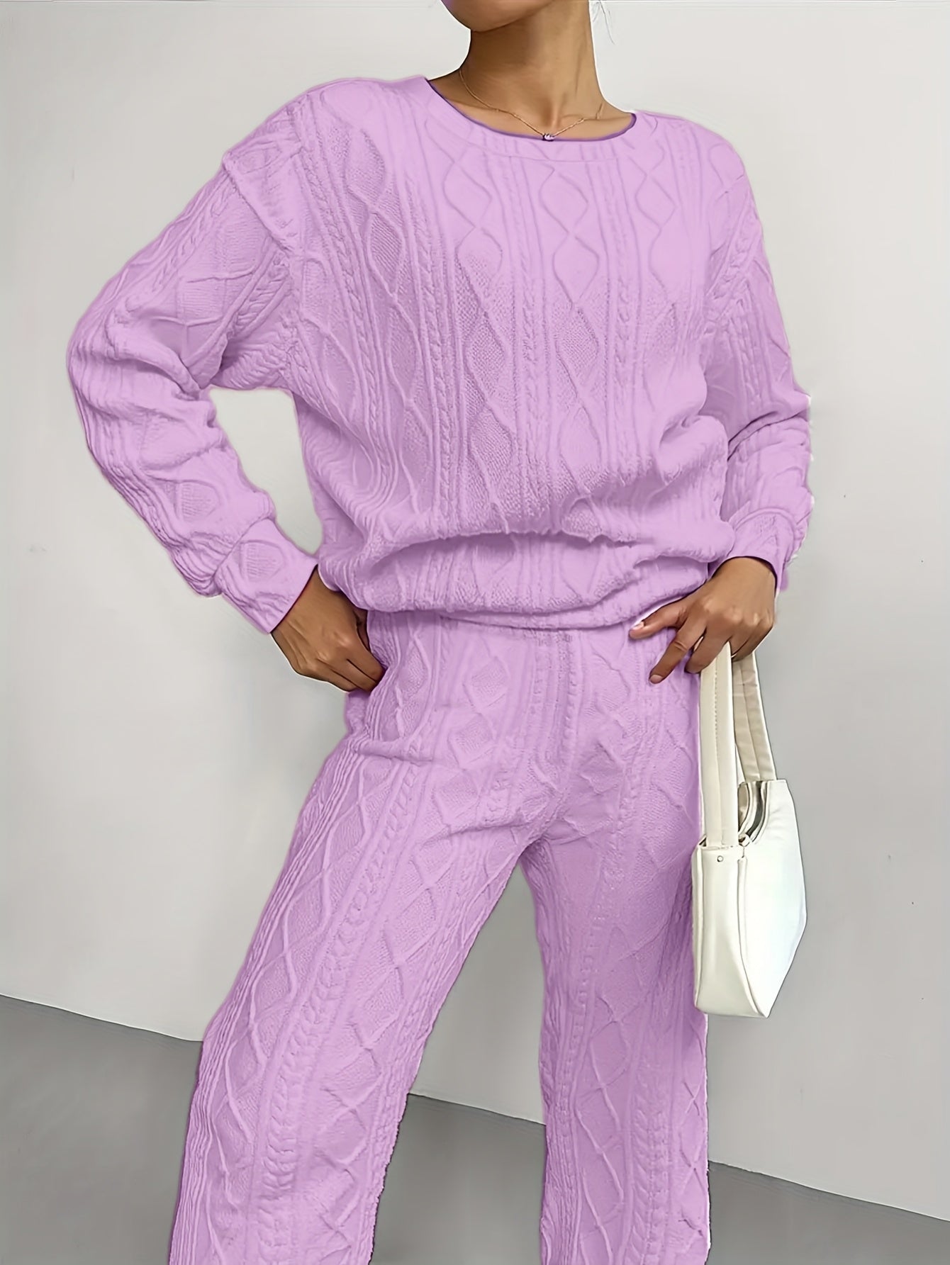 Women'S Sweatshirt Ensemble for Autumn/Winter 2025 - Featuring a Solid Color, Cable Patchwork, Long Sleeve Crew Neck Top And Cuffed Pants in a Two-Piece Outfit, Including a Pullover And Sweater, Perfect for Christmas And Fall