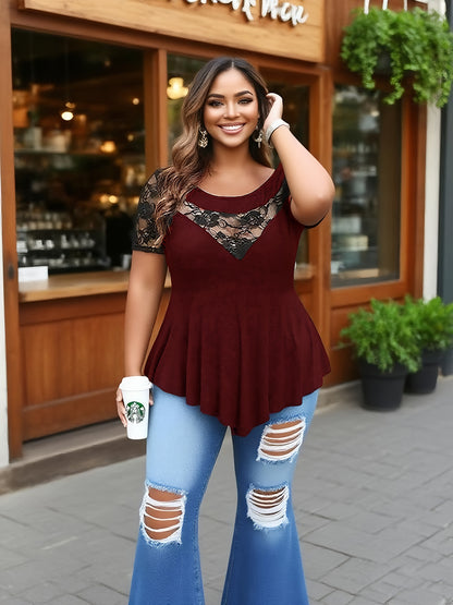 Plus Size - Plus Size - Plus Size Mesh Panel Tunic Shirt, Round Neck Floral Lace Yoke And Sleeves with Loose Fit Asymmetric Hem, Short Sleeve Stylish Black Top for Office Or Going Out, Flowy High-Low Hemline Lace Overlay Tunic Top