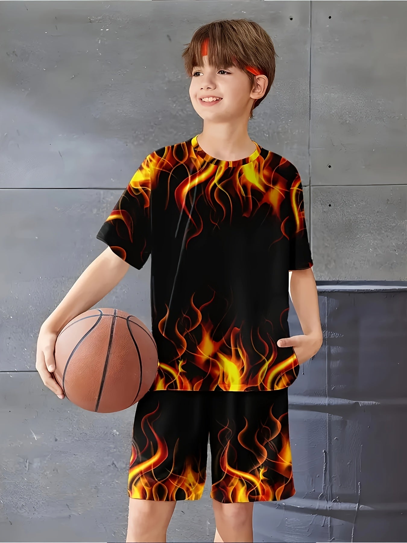 6pcs Set of Easy And Stylish Flame Outfits, 3D Printed Casual Short-Sleeve T-Shirts + Shorts. Outdoor T-Shirt And Shorts Set, for Outdoor
