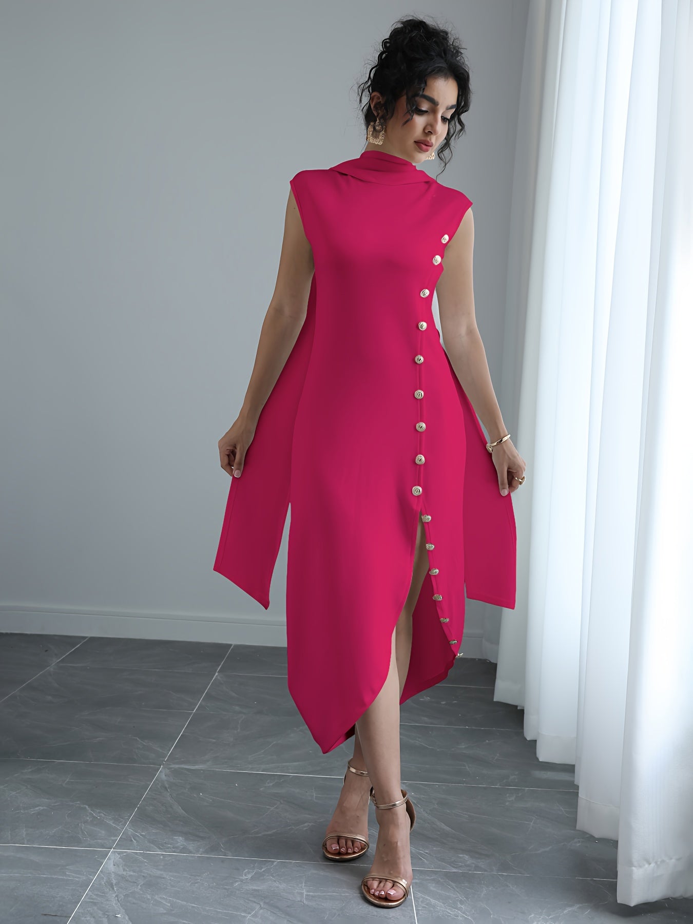 Women'S Elegant High Neck Sleeveless Maxi Dress with Shawl Collar & Split Hem - Solid Color A-Line Silhouette, Floor-Length to Mid-Calf Length Adjustable Maxi Dress for Spring Summer Fall, Casual to Formal Events, Wrinkle-Resistant Fabric (No Lining) - Ve