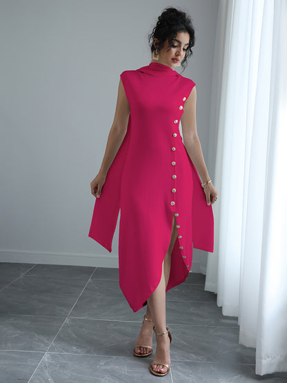 Women'S Elegant High Neck Sleeveless Maxi Dress with Shawl Collar & Split Hem - Solid Color A-Line Silhouette, Floor-Length to Mid-Calf Length Adjustable Maxi Dress for Spring Summer Fall, Casual to Formal Events, Wrinkle-Resistant Fabric (No Lining) - Ve