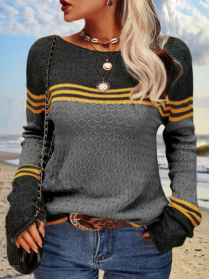Women Autumn Winter Colorblock Pullover Sweaters Round Neck Striped Slim Fitting Knitwear Tops