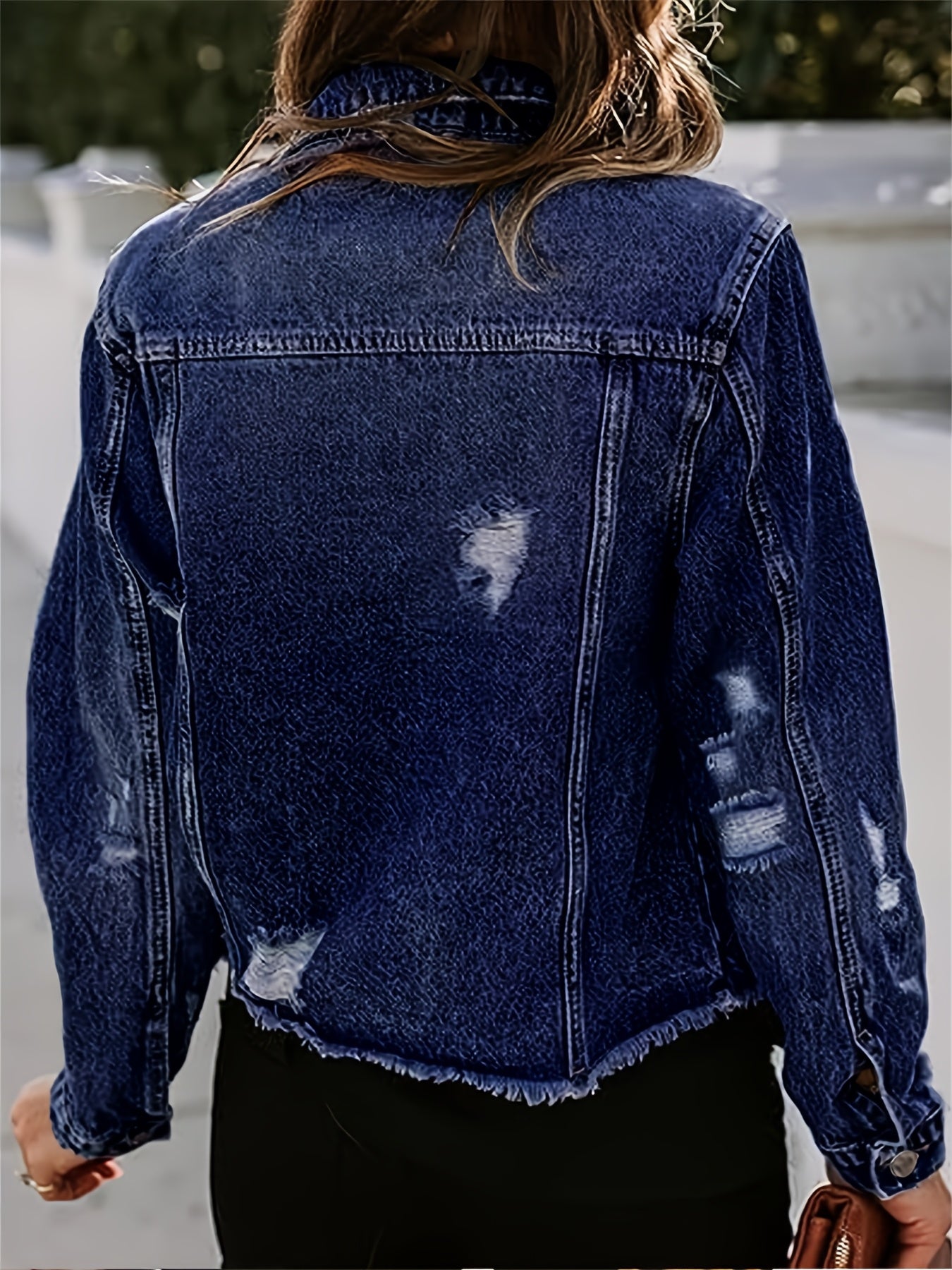 Women's Ripped Washed Button-Up Boyfriend Denim Jacket Coat with Pockets, Casual Classic Distressed Denim Outerwear TZ001