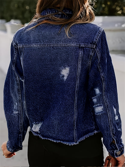 Women's Ripped Washed Button-Up Boyfriend Denim Jacket Coat with Pockets, Casual Classic Distressed Denim Outerwear TZ001