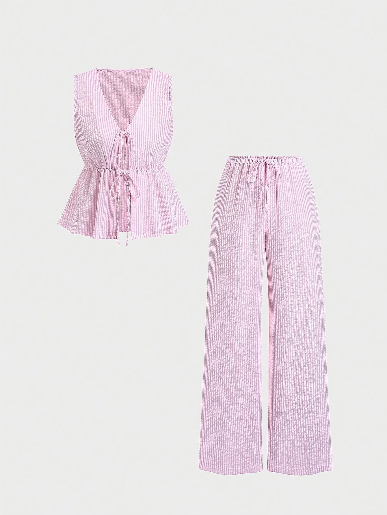 2pcs Women's Summer Tie Front Waist Cinched Sleeveless Top + Wide Leg Pants Set | Minimalist Plaid Design, Ideal for Daily Outings Commuting Dates and Multi-Scene Wear