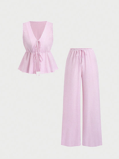 2pcs Women's Summer Tie Front Waist Cinched Sleeveless Top + Wide Leg Pants Set | Minimalist Plaid Design, Ideal for Daily Outings Commuting Dates and Multi-Scene Wear