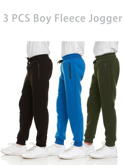3Pk Boys Sweatpants Athletic Workout Kids Clothes Boys Joggers Pants with Zipper Pocket And Drawstring Size 4-20, Perfect for Outdoor