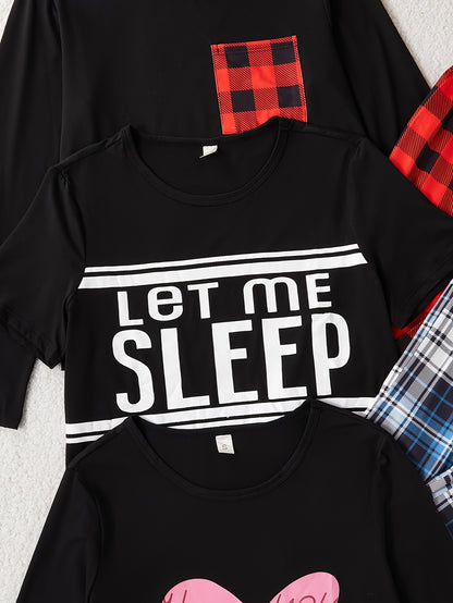 New Style Pajama Set for Women, Casual Indoor Home Wear, Letter Printed Long-sleeved And Short-sleeved Tops, Checked Trousers, Six-piece Set