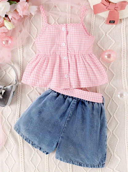 2pcs Toddler Girl Cute Outfits, Suspender Vest and Bow Decor Denim Shorts Set, Comfortable and Fashionable Girl Summer Clothes, Perfect for Outdoor