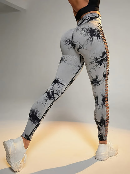 Women's High-Waisted Sculpting Yoga Pants - Butt-Lifting Seamless Design, Tie-Dye Print, Ultra-Comfort Stretch Fabric for Running, Sports & All-Season Activewear, Figureenhancing Fit | Highelastic Material