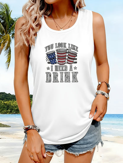 Women's Tank Top T-Shirt, Printed Tank Top T-Shirt, Sleeveless Tank Top T-Shirt, Women's Casual Tank Top T-Shirt 'Looks Like I Need a Beer' Humorous Pattern Print- American Flag Beer Mug, Star Design, Lightweight Summer Crew Neck Top