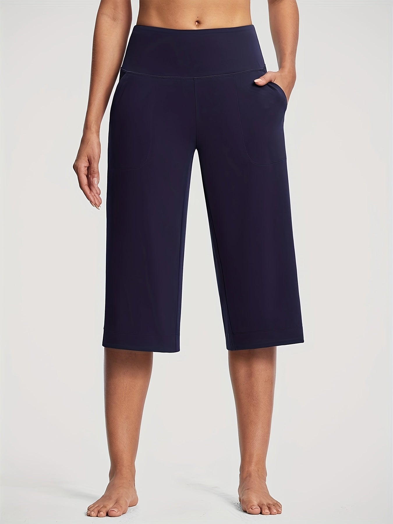18'' Women's High-Waisted Wide Leg Yoga Capri Pants with Elastic Waist - Loose Comfortable Stretchable Soft Pants Suitable for Yoga, Workout, Casual & for Business Occasions - Spring Summer Fall Wearable with Practical Pockets (No Needed)