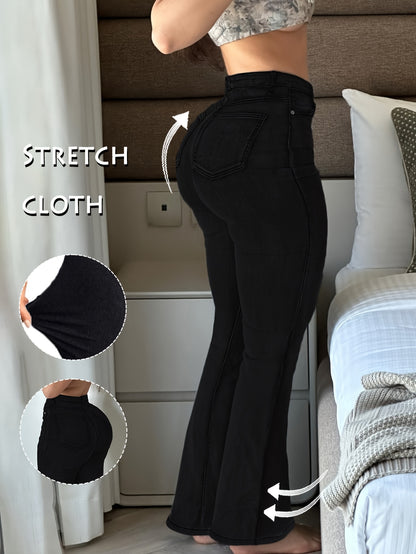Women'S High Stretch Flare Zipper Jeans - Solid Color Street Style with Pockets, Four Seasons Comfortable Machine Washable Fabric, Functional Fashion Design, Comfortable Fit