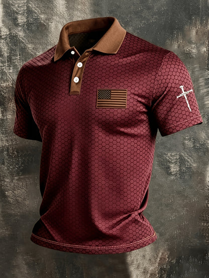 American Flag Gradient Cross Print Polo Shirt for Men's Casual Lapel Short Sleeved Patriotic Themed Commuting Top, American Flag Armband Contrasting Striped Short Sleeved Casual Business Lapel Top