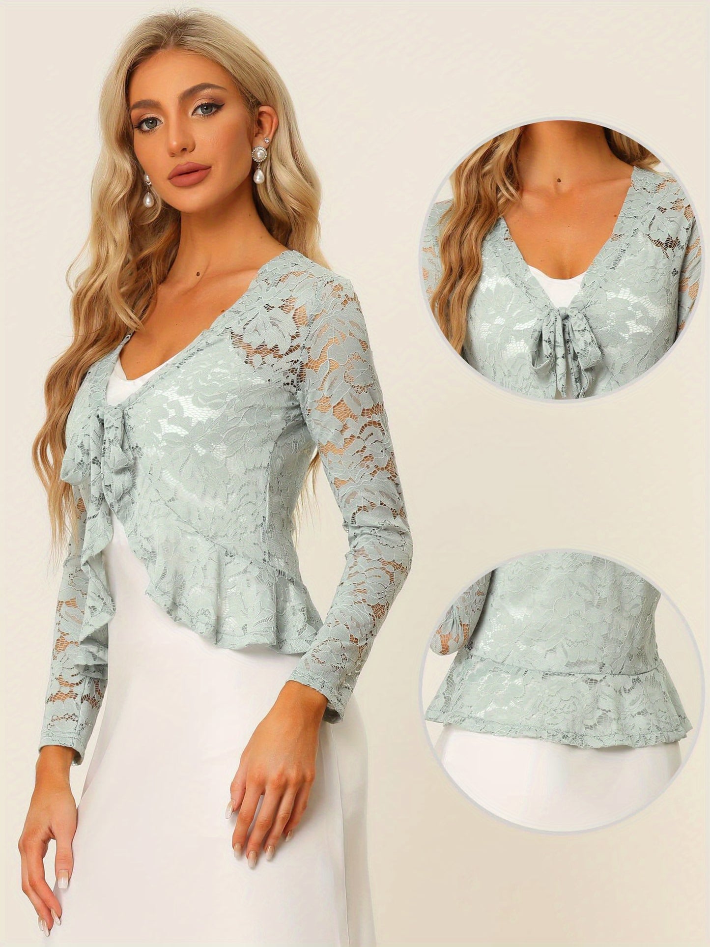 Women's Sheer Crop Bolero Cardigan - Semi-Sheer Lace Shrug with Ruffled Hem & Tie-Front Closure, Blouse for Sleeveless Dresses/Tank Tops (Machine Washable, Spring/Summer Wedding/Office/Cardigan) - 90% Nylon/10% Spandex