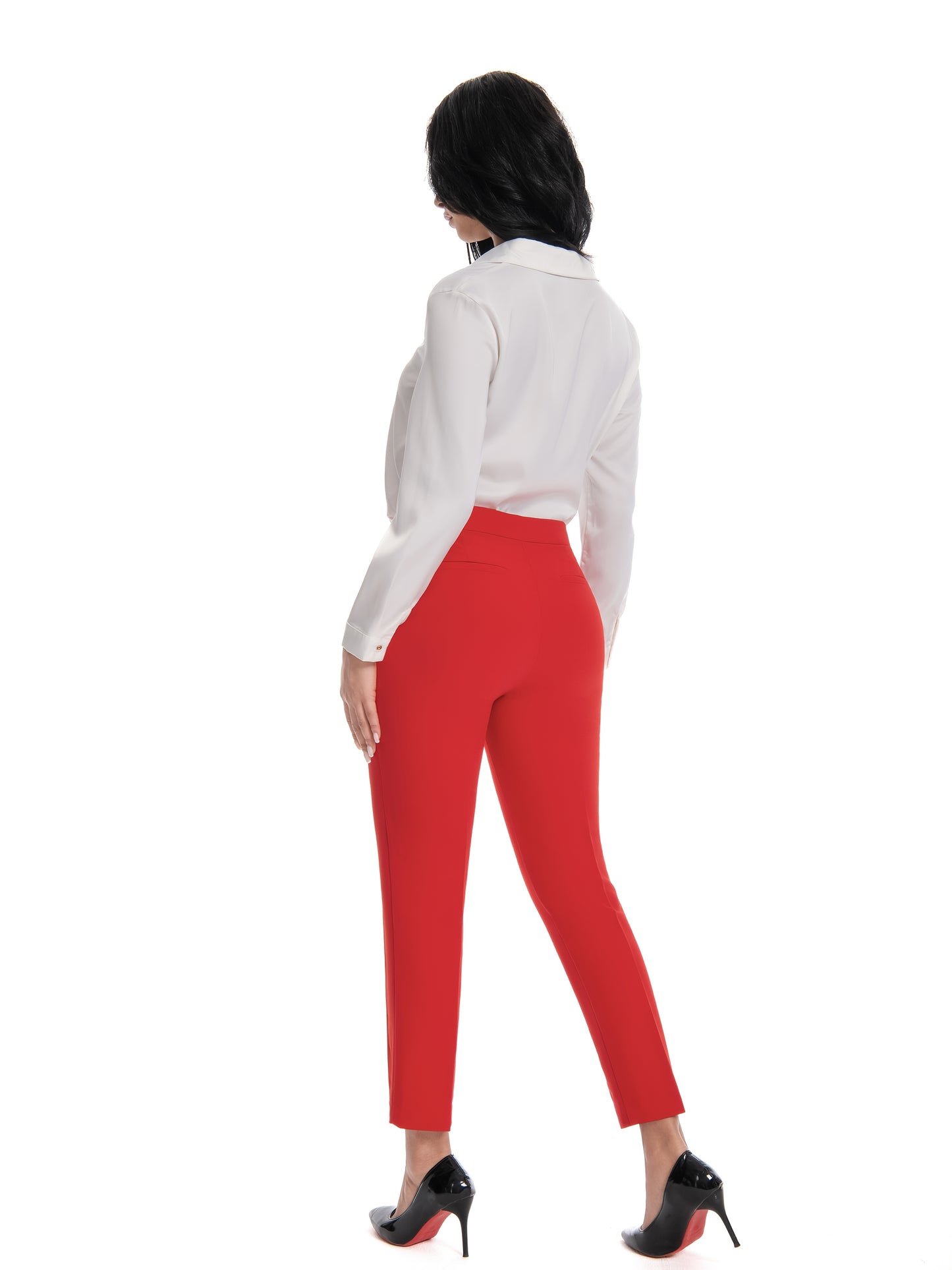 Women'S Mid Waisted Slim Fit Ankle Length Stretch Trousers Vibrant Red High Stretch Fabric with Pockets, Elegant Office Workwear & Evening Out Pants, Machine Washable All-Season Versatile Bottoms, Formal Attire Trousers, Easycare Trouser