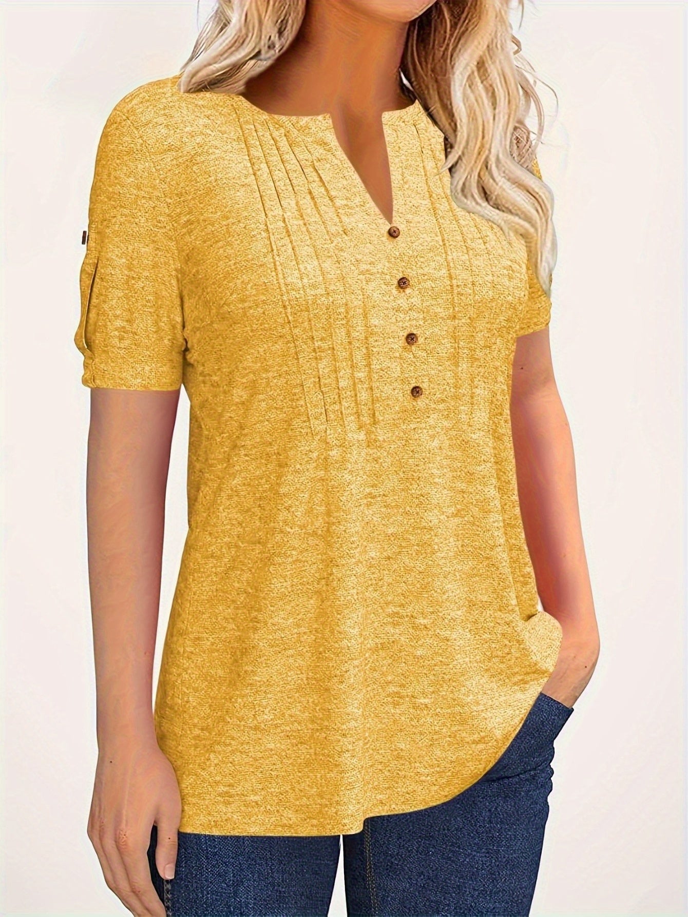 Casual Short-Sleeve Blouse for Women with a Solid Color, Featuring a Pleated Design, Buttoned V-Neck, And a Zipper