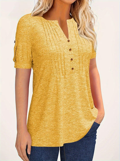 Casual Short-Sleeve Blouse for Women with a Solid Color, Featuring a Pleated Design, Buttoned V-Neck, And a Zipper