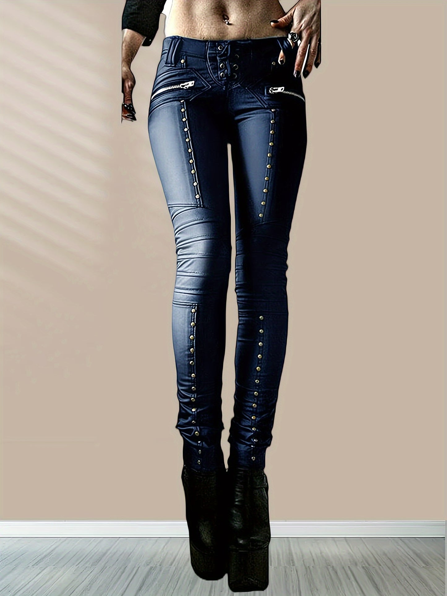 Women'S Leggings Gothic Punk Skinny Pants Mid Rise Novelty Studded Tight Pants