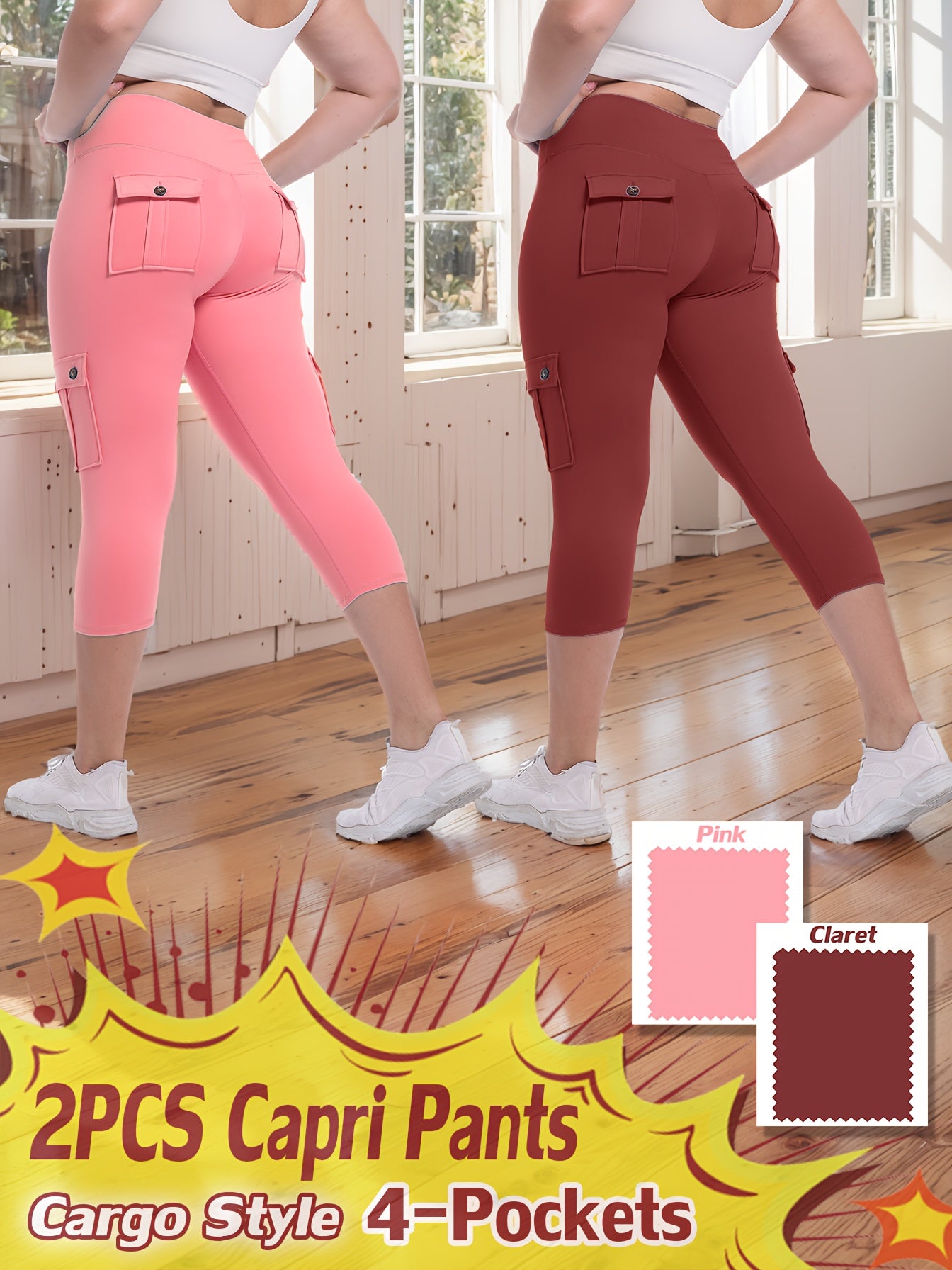 2pcs-Black & Pink High-Waist Leggings - product view 6