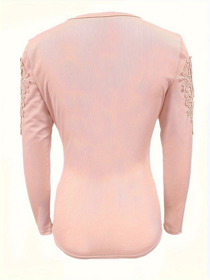 Women's Slim Fit Lace Sleeve Contrast Detail Button-Front T-Shirt - Solid Color Casual Chic Top, Machine Washable All-Season Versatile Wardrobe Staple, Versatile Fashion | Lace Detailed Tee | Quality Stitching, Lace Trim