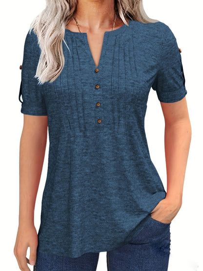 Casual Short-Sleeve Blouse for Women with a Solid Color, Featuring a Pleated Design, Buttoned V-Neck, And a Zipper
