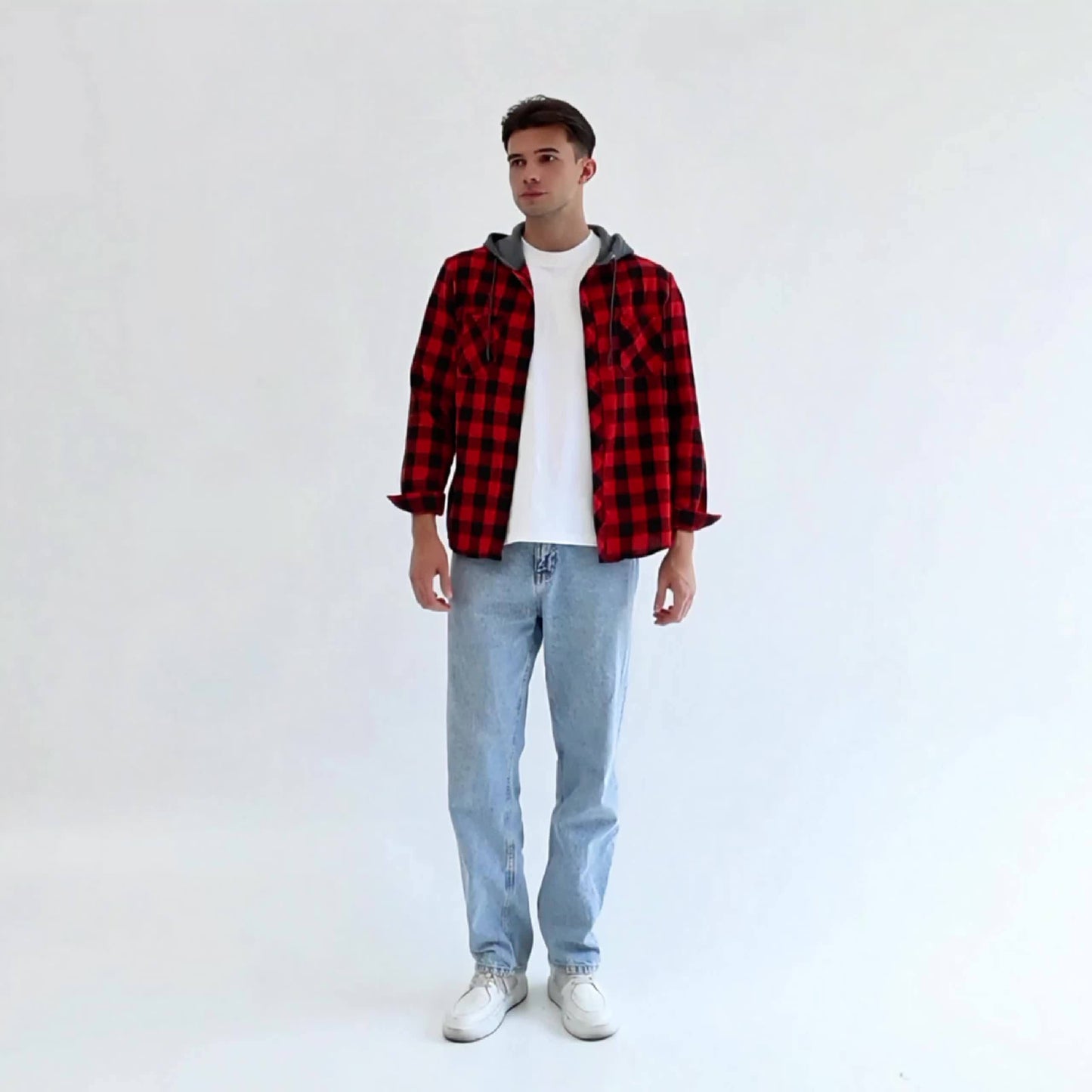 3pcs Set Men'S Hooded Plaid Long-Sleeve Shirt with Buttons, Suitable for Casual Home Wear in Spring And Autumn
