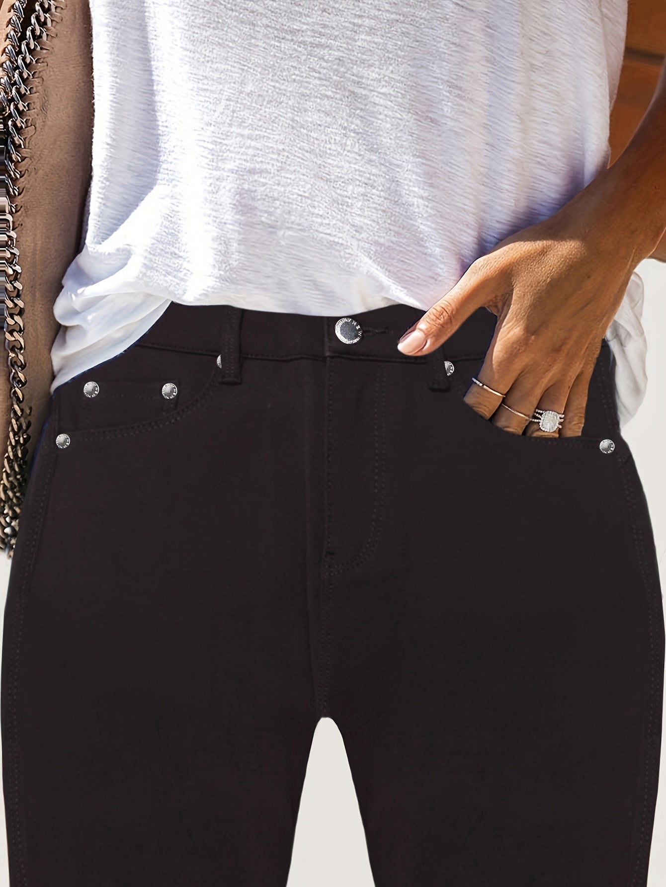 Women's Black High-Waisted Skinny Jeans - Stretchy Fabric, Button Accents, Multiple Pockets, Long Length, Casual Street Style, Allseason Pants, Casual Wear|Stylish Highwaist Jeans|Stretchy Fabric