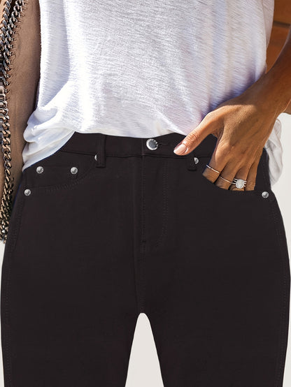 Women's Black High-Waisted Skinny Jeans - Stretchy Fabric, Button Accents, Multiple Pockets, Long Length, Casual Street Style, Allseason Pants, Casual Wear|Stylish Highwaist Jeans|Stretchy Fabric
