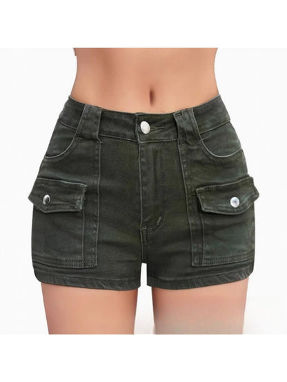 Elastic Multi-Pocket Denim Shorts with a High-Waisted Design for Women, Perfect for Casual Summer Wear